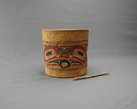 Haida spruce root basket and stick