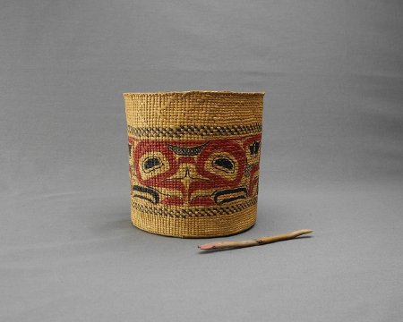 Haida spruce root basket and stick