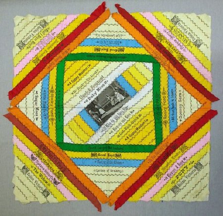 Handiwork sampler made from silk cigar ribbons