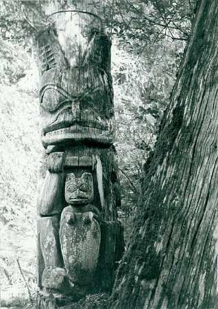 1970s image of Memorial totem pole: before baby beaver face removed