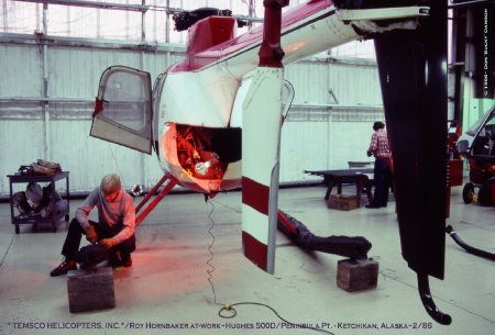 Roy Hornbaker Working on Hughes 500D, Ketchikan, AK, 1986