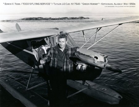 Ed Todd with Taylor J-2 N17540 in Ketchkan, AK, circa mid 1950s