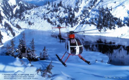 Ken Eichner in Hughes 500D at Upper Mahoney Lake, Ketchikan, AK, 1986