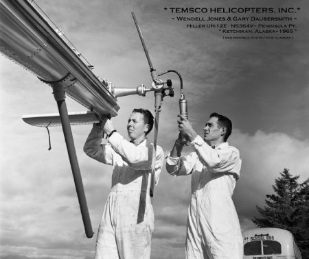 Wendell Jones and Gary Daubersmith with Hiller UH-12E, Ketchikan, AK, 1965