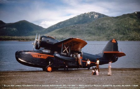 Ellis Air Lines Goose at Beach in Metlakatla on Annette Island, AK, 1946