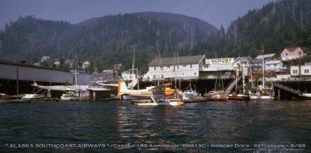 Alaska Southcoast Airways Cessna 180 at Nordby Dock, Ketchikan, AK, 1969