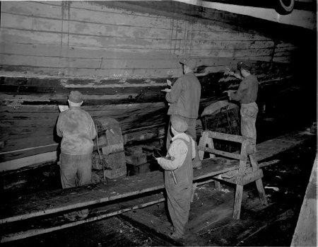 Launching the hull of the <i>F/V Oddie</i>, circa 1968- 1973