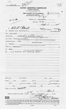 Master Carpenter's Certificate of the <i>F/V Champion</i>