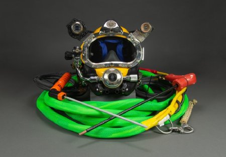 Dive Helmet with Camera, Light, Umbilical, and Cutting and Welding Torches