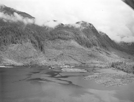 Logging camp and log rafts