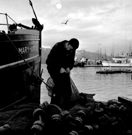 Fred Peterson mending a seine net, 1955