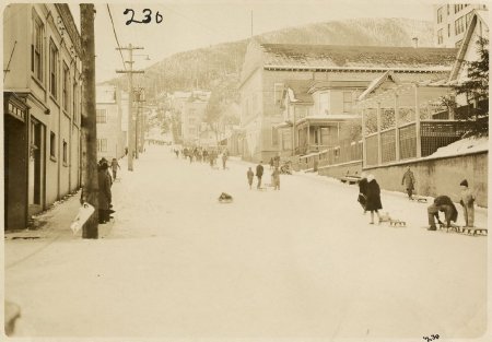 Sledding on Main Street, circa 1928